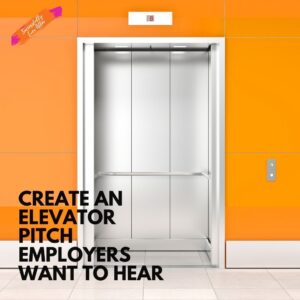 Closed elevator on an orange colored wall. Symbolism for elevator pitch in job search. 