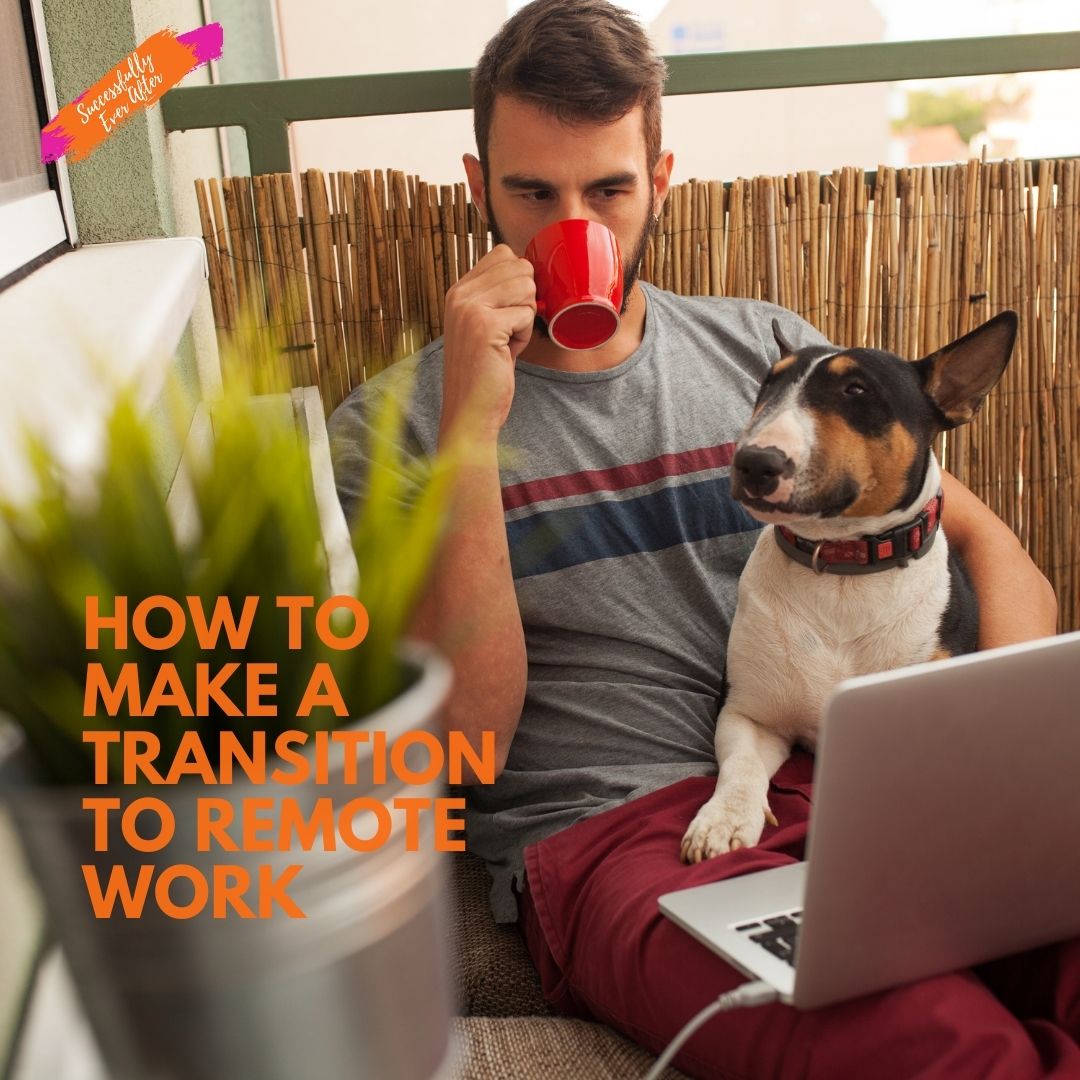 man with dog drinking coffee doing remote work on a computer