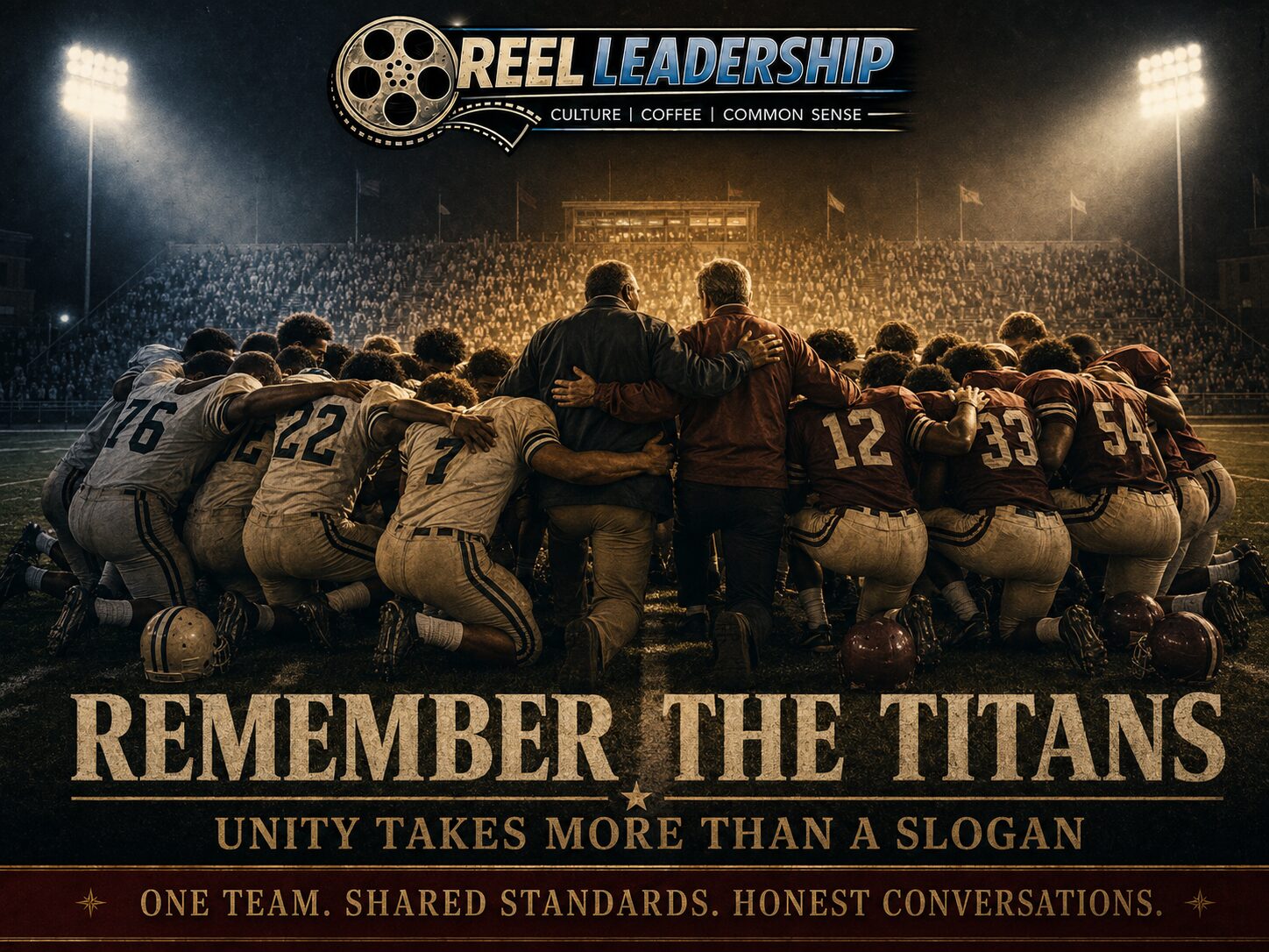 Reel Leadership graphic showing a diverse football team and two coaches united in a huddle beneath stadium lights, with the message “Remember the Titans: Unity Takes More Than a Slogan.”